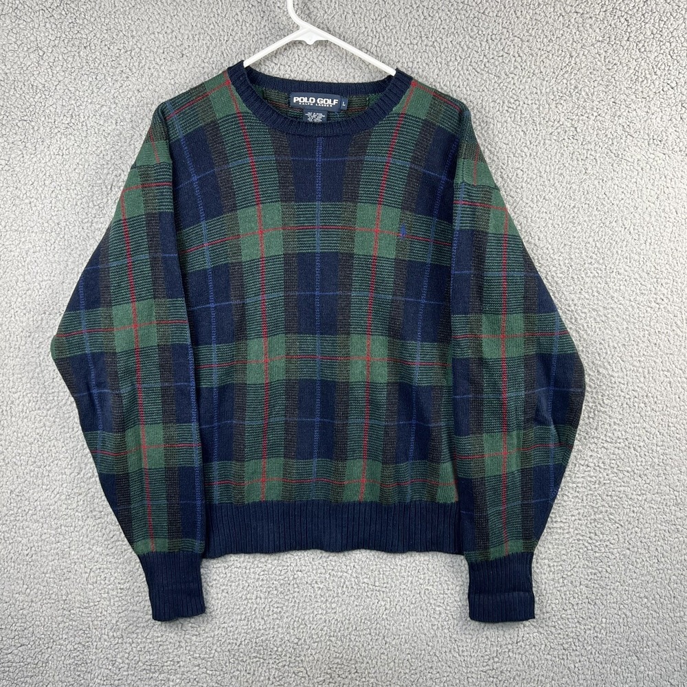 Vintage Polo Golf Ralph Lauren Plaid Sweater Linen Cotton Wool Blend Mens Size L